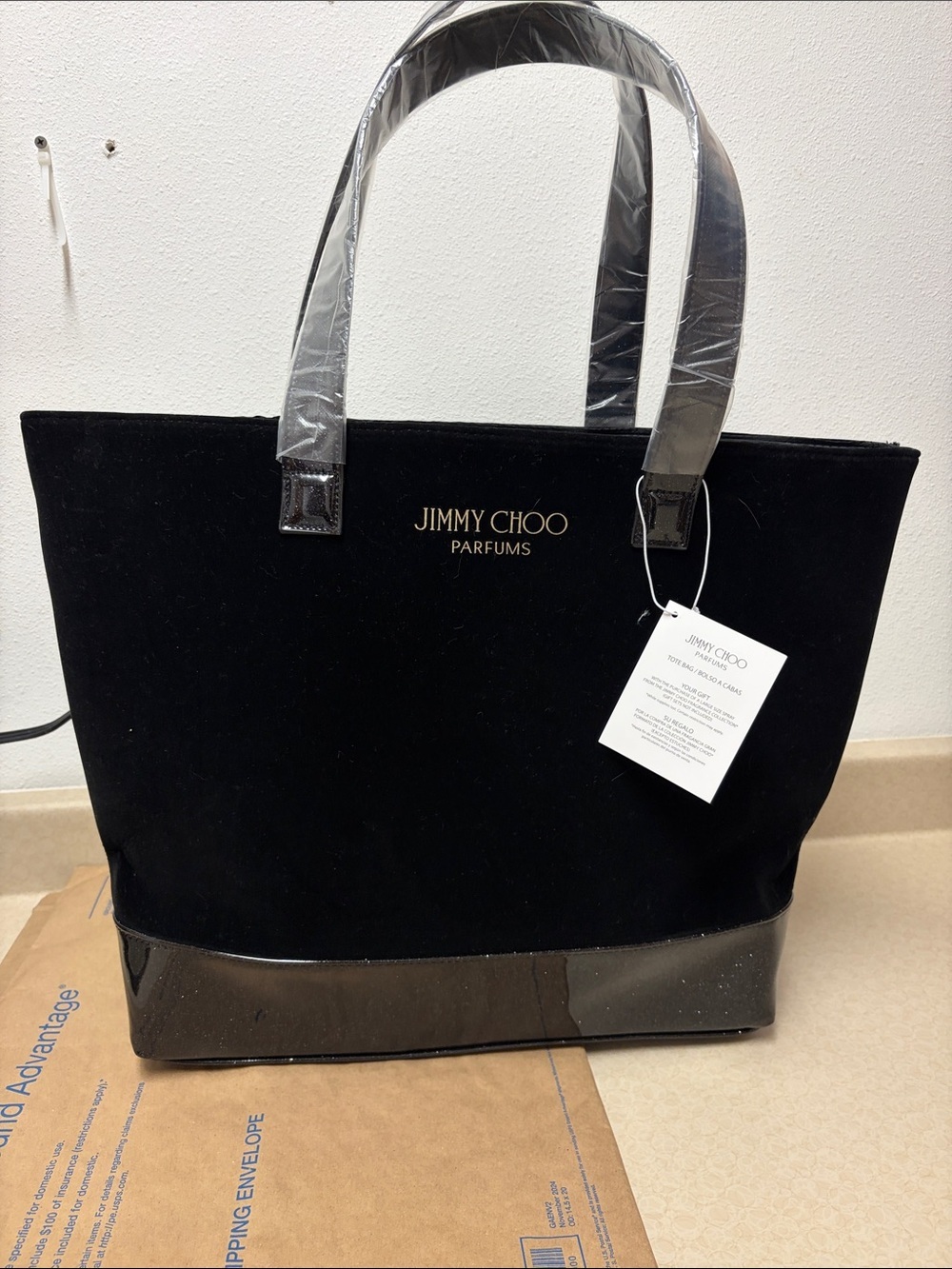 Jimmy Choo Parfums tote black velvet body glossy glitter-accented base &straps
